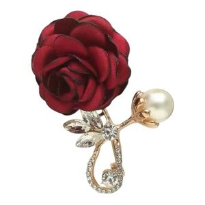Elegant Red Rose Brooch with Pearl Accent